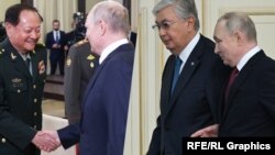 Владимир Путин и и заместитель председателя Центрального военного совета (ЦВС) КНР Чжан Юся (слева), Владимир Путин и Касым-Жомарт Токаев (справа), коллаж