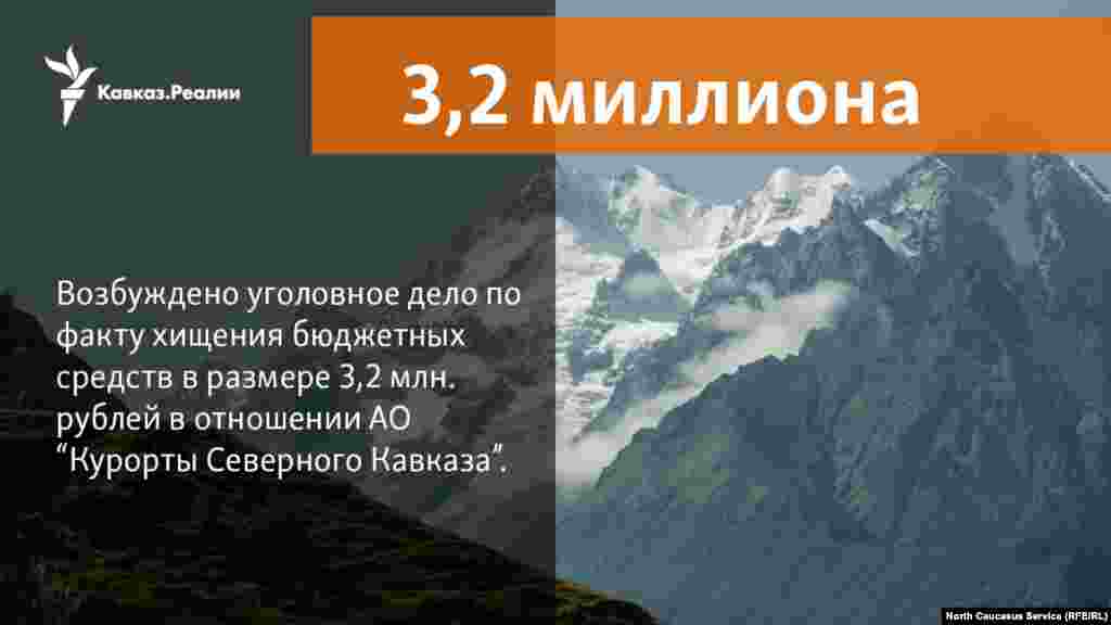 04.04.2018 //&nbsp;АО &quot;Курорты Северного Кавказа&quot; в 2015 году заключило договор на &quot;создание художественных фотографий&quot; (цена вопроса 21 млн рублей). При этом работы по договору не выполнялись. АО &quot;КСК&quot; по этому контракту возместили из федерального бюджета 3,2 миллиона.