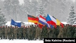 Военнослужащие НАТО с флагами своих стран и флагом Альянса во время учений в Литве, февраль 2019 года