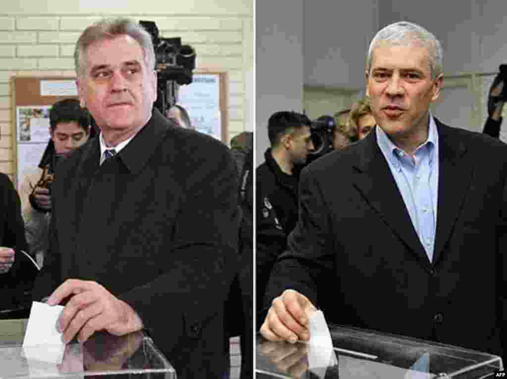 A combination of pictures shows Serbian incumbent President Boris Tadic (R) and Serbian ultranationalist Radical Party acting leader Tomislav Nikolic (L) casting their ballots at polling stations in Belgrade, 03 February 2008