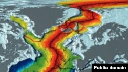 Возраст коры на дне Атлантического океана. Серым цветом обозначена суша. Красным — выделены самые молодые области в районе срединного океанического хребта — они моложе 10 миллионов лет. U.S. National Oceanic and Atmospheric Administration.