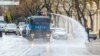 Azerbaijan. Baku. Police and cleaners disinfecting and cleaning streets of Baku 